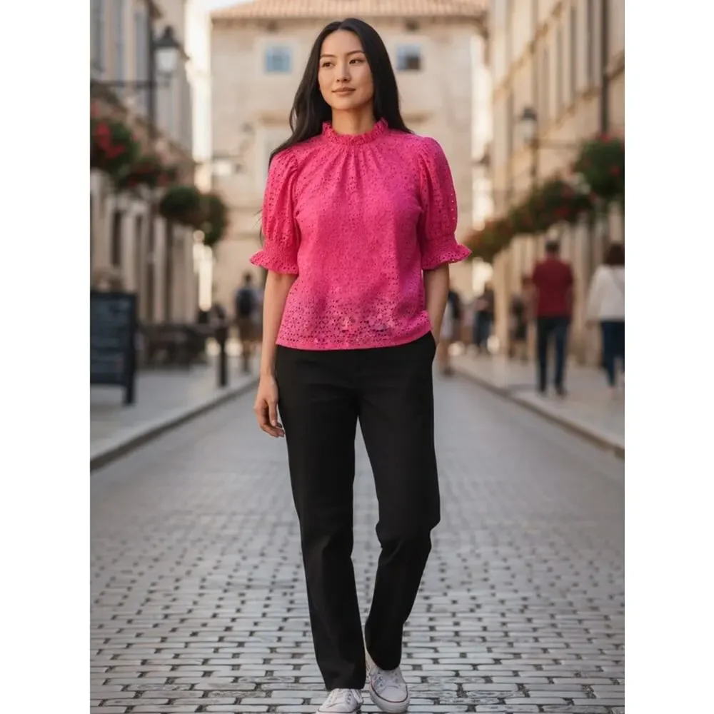 J. Crew NWT Smocked Ruffle Puff Sleeve Top Women's Pink Eyelet Lace Size Small
